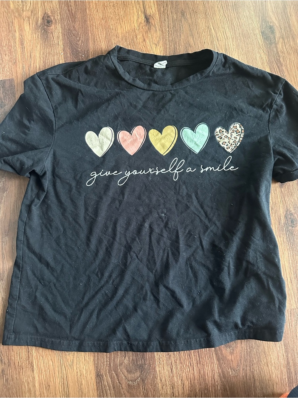 SHEIN Black Tee with Pastel Heart Row and Script